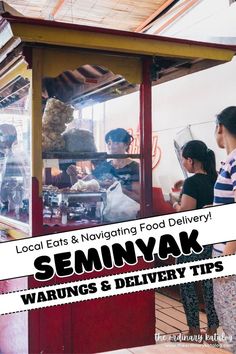 several people standing in front of a food stand with the words semyak warnings and delivery tips