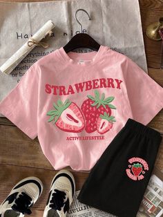 2pcs Tween Girls' Casual Strawberry Cartoon Print Pink Short Sleeve T-Shirt And Black Shorts Set, Suitable For Summer, Back To School Clothes Pink Casual  Short Sleeve Knitted Fabric Letter,Fruit&Vegetable,Plants,Slogan  Slight Stretch  Tween Girls Clothing, size features are:Bust: ,Length: ,Sleeve Length: Cute Letter Print Crew Neck Sets, Cute Letter Print Sets With Crew Neck, Cute Pink Crew Neck Sets, Trendy Pink Crew Neck Set, Casual Pink Sets With Cartoon Print, Pink Short Sleeve School Sets, Casual Pink Graphic Print Sets, Pink Crew Neck Sets With Letter Print, Casual Pink Sets With Graphic Print