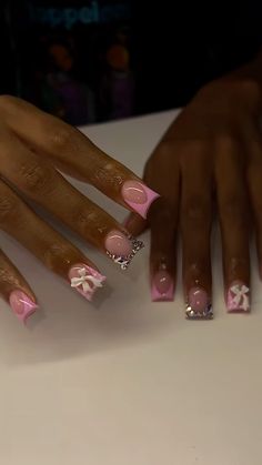 Pink French Tip Junk Nails, Cute Short Acrylic Duck Nails, Charm Short Nails, Not Acrylic Nails, Gemini Birthday Nails Short, Pink Short Duck Nails, White French Tip Nails Black Women, Pink French Tip With Design, Laws Nails