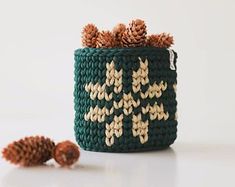 a knitted basket with two pine cones on the bottom and one in the middle