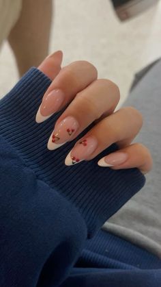 nails. French Nails With Cherry Design, French Tip And Cherry Nails, Cherry On French Nails, French Nail Gel Designs, Gel Nail Designs Cherry, Red Tip Nails With Cherries, White French Cherry Nails, Cherry Acrylic Nail Designs, Red French Tip Summer Nails