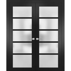 an open black double door with frosted glass panels on the front and side doors