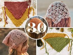 there are four pictures with different crocheted hats on them and one has the number thirty