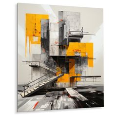 an abstract painting with yellow and grey colors on the wall, including stairs and steps