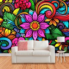 This colorful bohemian floral wallpaper mural will transform any room into a magical fantasy garden! It would also make an amazing video or photo backdrop! Add a fun and unique accent wall to your work, living or kids space without all the time, hassle and mess of paint or traditional wallpaper!  Our canvas textured peel and stick wallpaper murals will QUICKLY and EASILY transform any wall, or other flat surface, into a stunning and amazing art display!  REMOVABLE and REPOSITIONABLE, our premium commercial grade vinyl wallpaper is extremely durable and easy to install. Perfect for anyone who wants a fast and easy transformation! It is also perfect for renters or people who move a lot. It can be taken down and put back up at your new place! Just save the backing paper, or use parchment pape Mexican Mural Art, Funky Wall Paint Ideas, Bohemian Nursery, Funky Wallpaper, Nursery Wall Murals, Garden Mural, Fun Nursery, Colorful Murals, Bohemian Colors