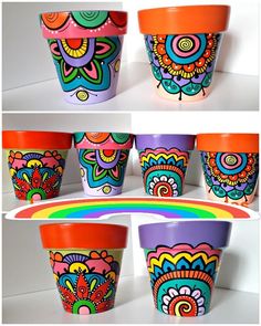 several pictures of colorful cups with designs on them