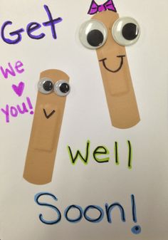 a sign that says get well soon with two sticks sticking out of it and googly eyes