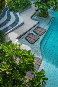 an empty swimming pool surrounded by lush green trees and plants in the foreground, with steps leading up to it