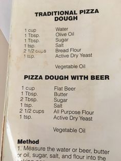 the menu for pizza dough with beer