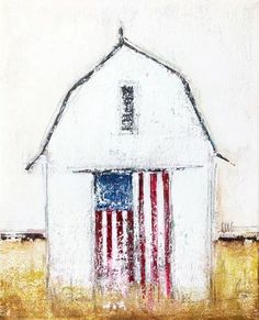 a painting of an american flag painted on the side of a white barn with red, white and blue stripes