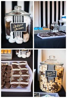 the dessert table is decorated with black and white striped items, including cookies, popcorn, and chocolates