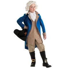 a man dressed as george washington is holding a skateboard in one hand and his other hand on his hip