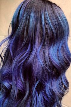 Hair With Blue Highlights, Black Hair With Blue, Black Hair With Blue Highlights, Galaxy Hair Color, Flower Combinations, Bright Blue Hair, Blue Black Hair