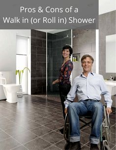 a man in a wheel chair next to a woman who is sitting on the toilet