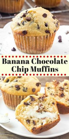 banana chocolate chip muffins on a white plate with text overlay that reads, banana chocolate chip muffins