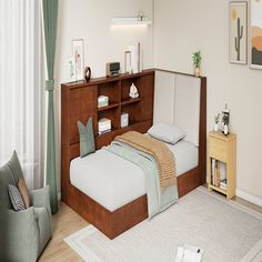 a bedroom with a bed, chair and bookshelf