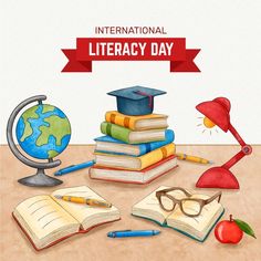 there is a pile of books and an apple on the table next to it are glasses, a book, a light bulb with a red ribbon that says international literracy day