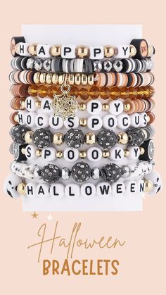 a stack of bracelets with happy halloween written on them and the words happy hocps po