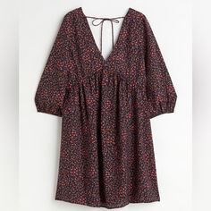 Short Floral Dress With A Slight Sheen. Low-Cut V-Neck At Front And Back, Horizontal Ties At Back Of Neck, And Voluminous 3/4-Length Sleeves With Covered Elastic At Cuffs. Gathered Seam Below Bust At Front And Back Of Waist. Unlined. Size Xxl. New With Tags. Super Flowy And Comfortable. Can Be Dressed Up Or Down. Great Fit For A Daytime Spring Picnic Or Dinner On The Beach H&m V-neck Daywear Dress, H&m V-neck Mini Dress For Brunch, H&m Pink V-neck Dress, H&m V-neck Dress For Brunch, H&m V-neck Mini Dress For Vacation, H&m V-neck Mini Dress For Day Out, Casual Pink Mini Dress By H&m, H&m Pink Casual Mini Dress, Casual V-neck Mini Dress By H&m