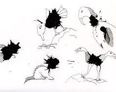 an ink drawing of birds with different shapes and sizes