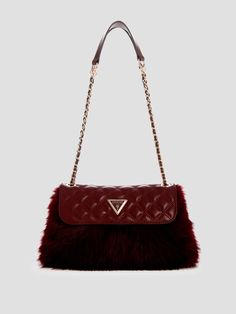 Fau-fur convertible crossbody bag Shiny gold-tone hardware Enamel triangle logo Multiple interior pockets Quilted smooth faux-leather foldover magnetic snap closure Convertible chain strap with 12.5-22" drops 10.25"W x 6.5"H x 2"D Chic Burgundy Shoulder Bag With Zipper Closure, Luxury Burgundy Shoulder Bag With Zipper Closure, Burgundy Satchel Bag With Gold-tone Hardware, Burgundy Shoulder Bag With Gold-tone Hardware For Shopping, Burgundy Crossbody Shoulder Bag With Gold-tone Hardware, Convertible Crossbody Bag, Triangle Logo, Types Of Bag, Baby Bag