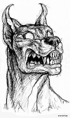 an ink drawing of a demon's head with its mouth open and fangs out