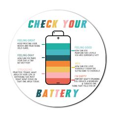 a circular sticker with the words check your battery on it and an image of a phone