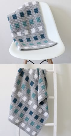 two photos showing the same blanket on a chair