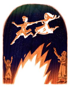 an image of two people jumping in the air over a fire place with their arms outstretched