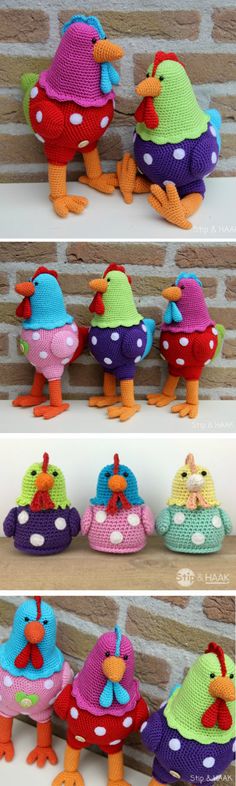 crocheted stuffed birds are lined up on the shelf