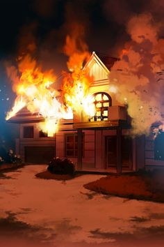 a house on fire with flames coming from it