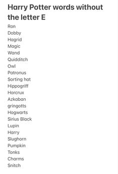 harry potter words without the letter e