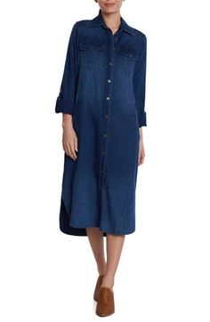 Western details lend country charm to a denim midi shirtdress fashioned with roll-tab sleeves and a curved hem. Front button closure Spread collar Long sleeves with roll-tab cuffs Chest button-flap patch pockets; front welt pockets Curved hem Unlined 65% cotton, 35% lyocell Machine wash, tumble dry Imported Casual Midi-length Shirt Dress With Roll-up Sleeves, Casual Midi Length Shirt Dress With Roll-up Sleeves, Casual Midi Shirt Dress With Roll-up Sleeves, Spring Midi Shirt Dress With Roll-up Sleeves, Spring Indigo Button-up Denim Dress, Collared Denim Shirt Dress For Daywear, Fall Midi-length Shirt Dress With Roll-up Sleeves, Spring Blue Denim Dress With Button Cuffs, Denim Shirt Dress For Daywear In Spring