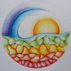 a drawing of the sun, water and rocks in a circle with words above it