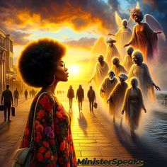 a woman standing in front of a group of people on a street with an angel above her