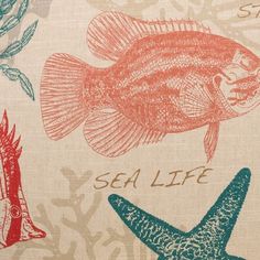 an image of sea life with fish and starfish on linen fabric, closeup