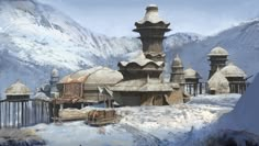 an artistic painting of a snow covered village with mountains in the backgrouds