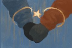 an illustration of two hands holding each other with the moon and star on their fingers