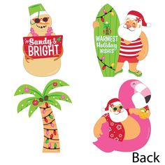 four christmas stickers with santa claus and palm trees