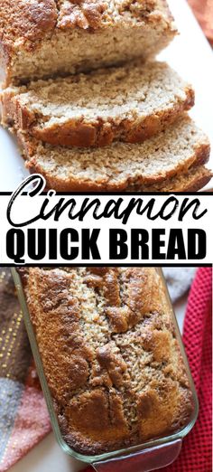 three slices of cinnamon quick bread stacked on top of each other with text overlay