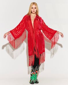 This dreamy kimono exudes glamour in a soft and effortlessly sexy experience, proving that comfort and beauty are compatible. This statement making kimono features a unique all over burnout design in a border pattern.  Red tassel fringe cascades from the sleeves, front opening, and bottom hem adding flowiness and drama.  This kimono can be worn open or closed, and has  a cinched adjustable beaded waist tie.  This kimono is fully finished with french seams for an extra luxe feel. The soft and lig Unique Kimono, Mod Look, September Birthstone Jewelry, Retro Accessories, Free Spirit Style, July Birthstone Jewelry, Border Pattern, Gifts For New Mums, Pearl Jewellery Earrings