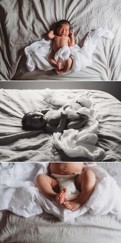 three different images of a baby sleeping on a bed with white sheets and blankets, one is