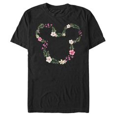 Who knew that dressing "mousey" could be so cute!? Celebrate Walt Disney's most iconic characters with this officially licensed Disney Mickey Mouse and Friends Floral Logo Men's Graphic T-Shirt. This adorable tee features a graphic of the Mickey Mouse silhouette logo across the front formed by tropical plants like Hibiscus, Plumeria, and Bougainvillea flowers. Add this tee to your Disney collection for the perfect style on your next trip to Disneyland! Disney T-shirt For Fan Events In Spring, Black Disney Summer Top, Black Disney Top For Summer, Disney T-shirt For Summer Fan Events, Spring Disney T-shirt For Fan Events, Mickey Mouse Crew Neck T-shirt For Spring, Summer Minnie Mouse Short Sleeve T-shirt, Spring Mickey Mouse Crew Neck T-shirt, Summer Mickey Mouse T-shirt With Short Sleeves