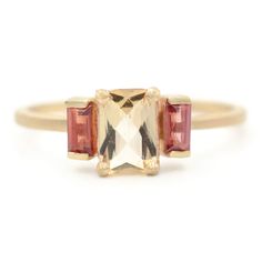 Blockette Three Stone Imperial Topaz Ring – Jennifer Dawes Design Imperial Topaz Ring, Emerald Cut Sapphire Ring, Rhodolite Garnet Ring, Green Sapphire Ring, Red Sapphire, Imperial Topaz, Emerald Cut Rings, Rings Jewelry Fashion, Orange Sapphire