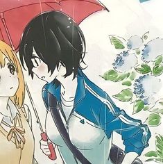 two anime characters holding umbrellas in the rain