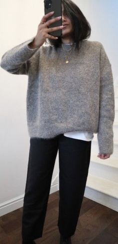 Comfy Mum Style, Trousers Jumper Outfit, Grey Sweater White Shirt, Heather Grey Sweater Outfit, Black Grey White Outfit, Light Grey Jumper Outfit, Grey Jumper Outfit Winter, Dark Grey Jumper Outfit, White T Shirt Under Sweater