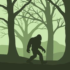 a bigfoot walking through the woods in front of trees