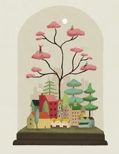 an illustration of a tree with umbrellas in the air and buildings below it, under a glass dome