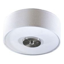 a ceiling light with a white shade on the bottom and a silver button in the middle