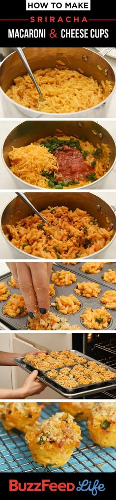 the steps to make macaroni and cheese cups are shown in three different stages